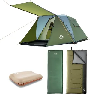 Night Cat Cabin Tent with Self-Inflating Sleeping Pad Camping Pillow and Sleeping Bag 3 Persons Pop Up Camping Tent Double Layers Easy Quick Setup Waterproof
