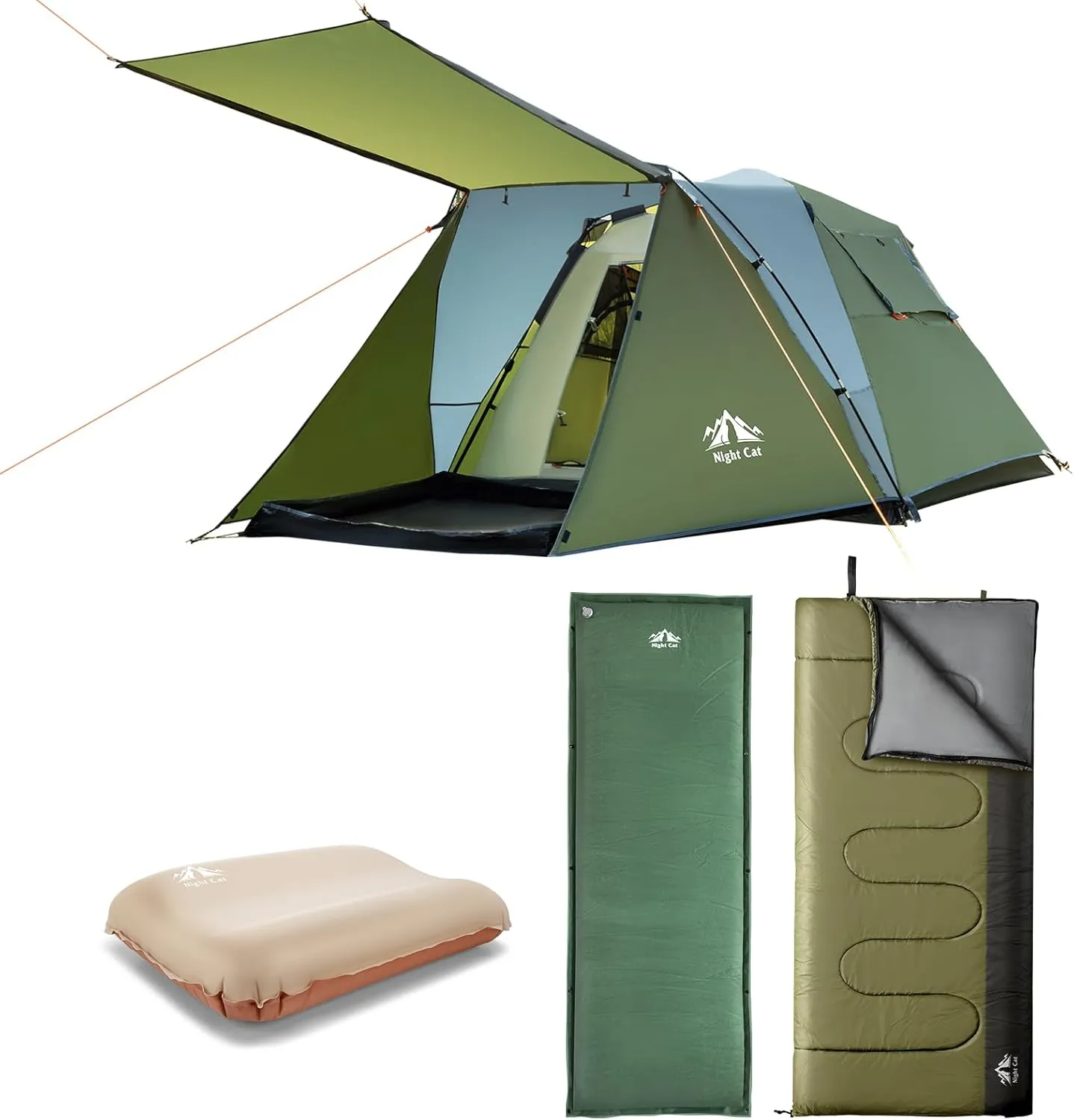 Night Cat Cabin Tent with Self-Inflating Sleeping Pad Camping Pillow and Sleeping Bag 3 Persons Pop Up Camping Tent Double Layers Easy Quick Setup Waterproof