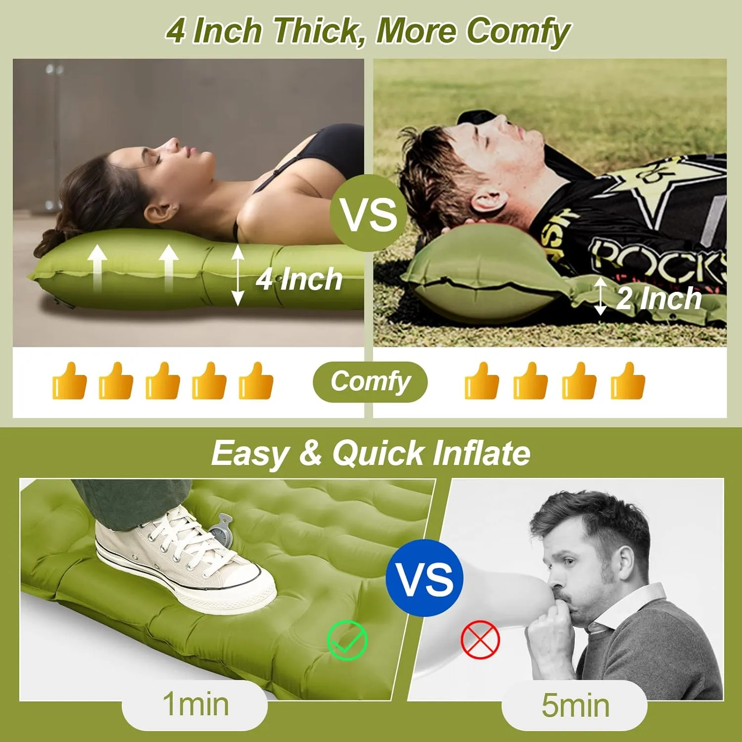 Night Cat Inflatable Sleeping Pads Mat Bed with Foot Pump and Pillow for Camping Backpacking Hiking Ultra-Light Compact Comfortable Extendable