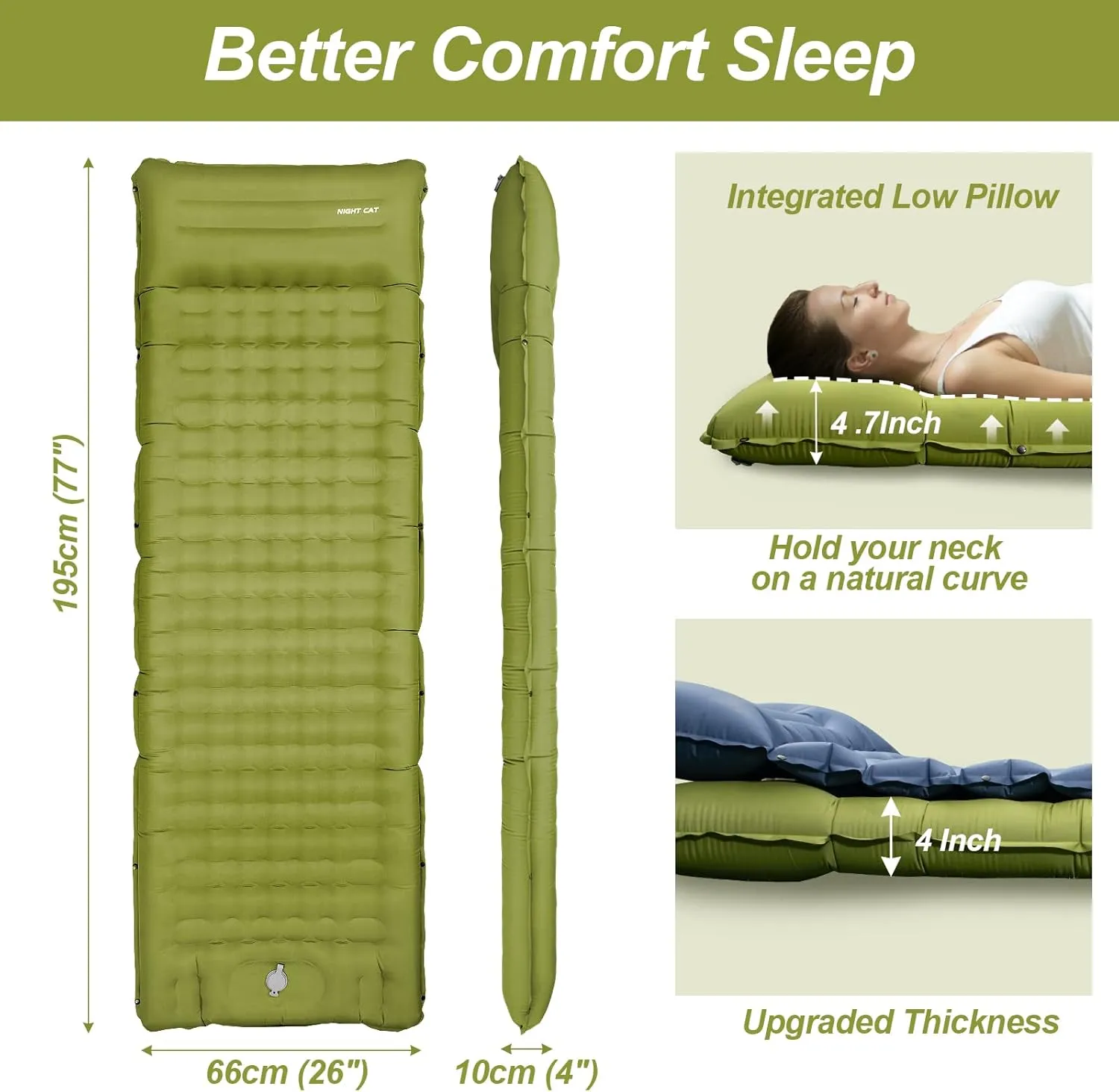 Night Cat Inflatable Sleeping Pads Mat Bed with Foot Pump and Pillow for Camping Backpacking Hiking Ultra-Light Compact Comfortable Extendable
