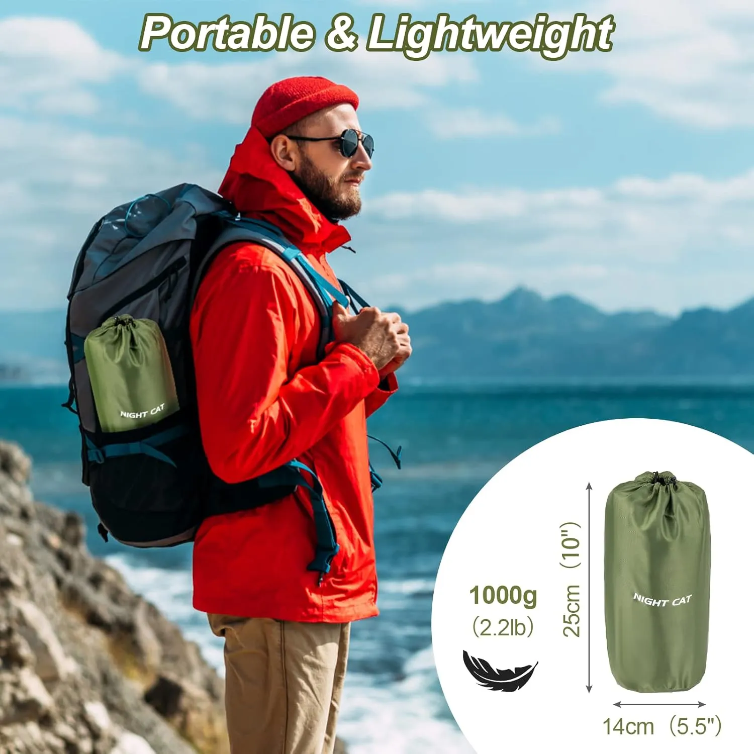 Night Cat Inflatable Sleeping Pads Mat Bed with Foot Pump and Pillow for Camping Backpacking Hiking Ultra-Light Compact Comfortable Extendable