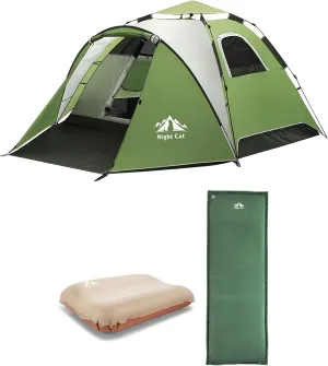 Night Cat Pop Up Tent with Self-Inflating Sleeping Pad and Camping Pillow Automatic Double Layer Waterproof Camping Tent with Rainfly