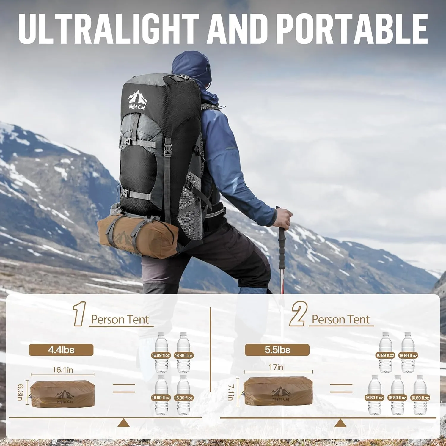 Night Cat Ultralight Backpacking Tent: Waterproof Lightweight Two People Camping Tent for Outdoor Hiking Trekking with Double Layers Aluminum Poles and Footprint