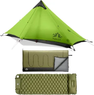 Night Cat Ultralight Tent 1 Person with Camping Sleeping Bag and Inflatable Sleeping Pads Mat Bed with Pillow Foot Pump for Professional Backpacker Hiker