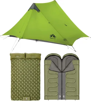 Night Cat Ultralight Tent 2 Person with Double Sleeping Bag and Inflatable Double Sleeping Pad