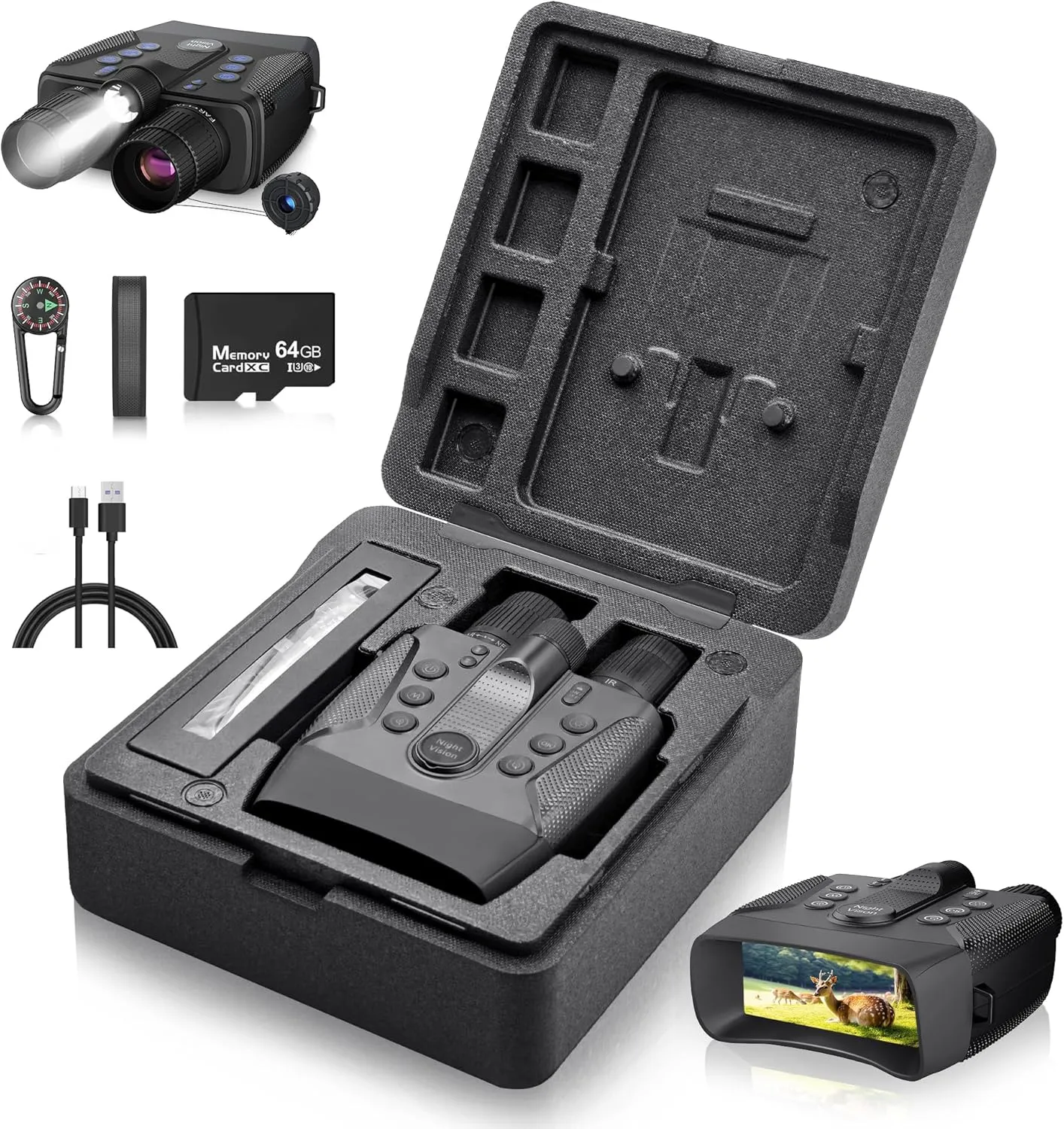 Night Vision Goggles, 1968FT Infrared Night Vision Binoculars with 5000mAh Rechargeable Battery, 64G Card for 58MP Images & 4K Video, 4" HD Screen, 5X Dightal Zoom for Camping Hunting
