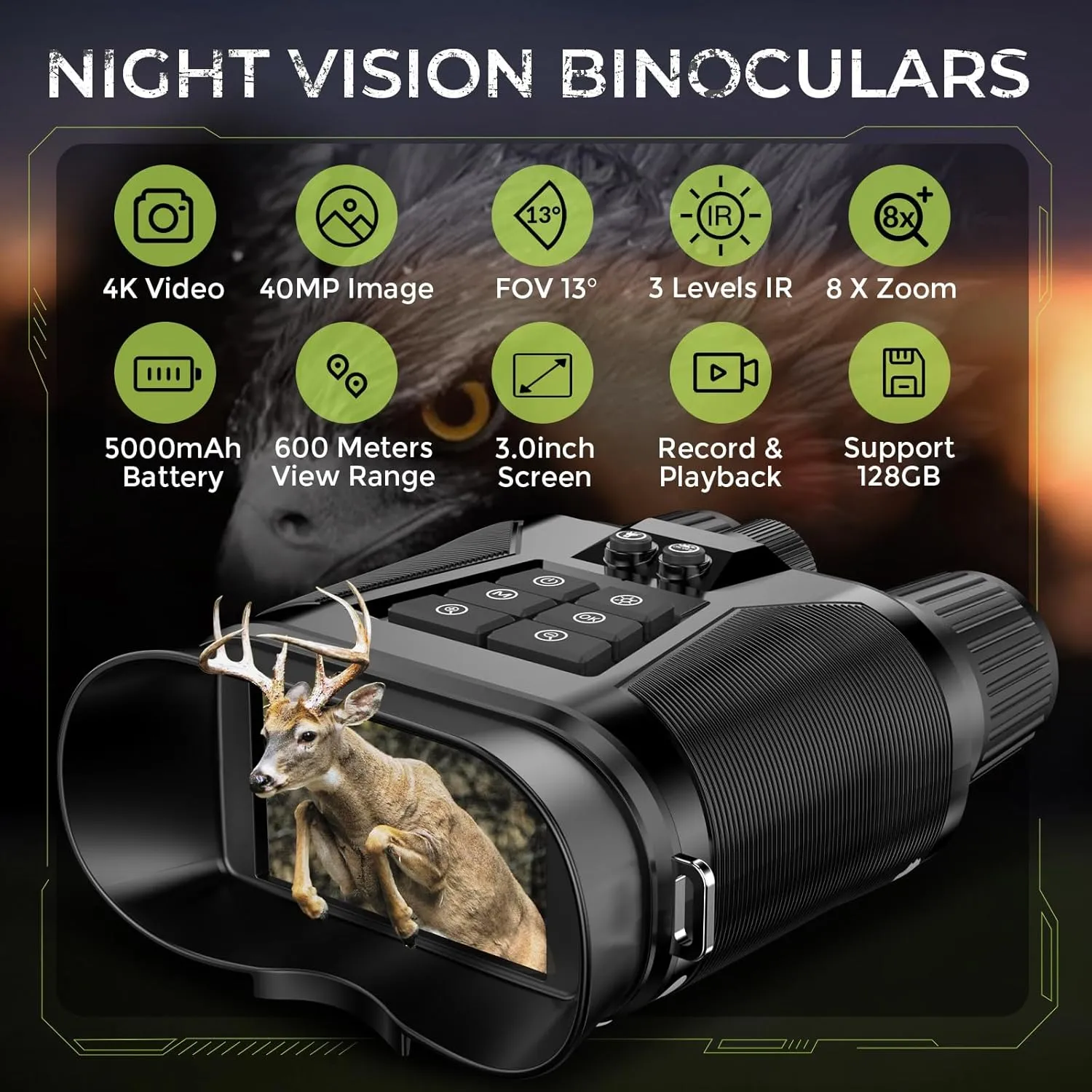 Night Vision Goggles, 3.2” HD Screen, 2625FT View Range, 5000mAh Battery, 7 IR Levels, 8X Zoom, 128GB - 4K Night Vision Binoculars Gift Set with Compass for Wildlife and Security