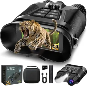 Night Vision Goggles, 3.2” HD Screen, 2625FT View Range, 5000mAh Battery, 7 IR Levels, 8X Zoom, 128GB - 4K Night Vision Binoculars Gift Set with Compass for Wildlife and Security