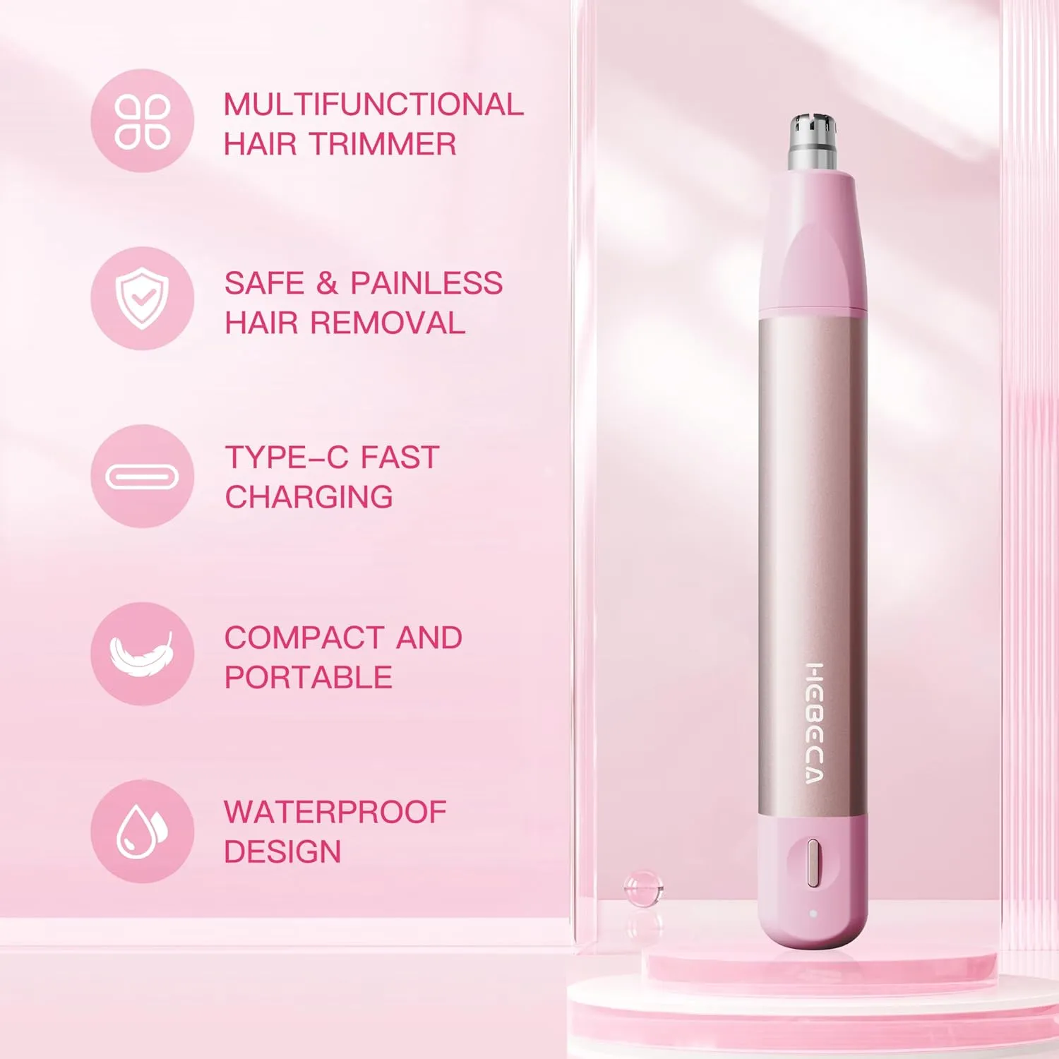Nose Hair Trimmer for Women 2in1 Facial Hair Removal Trimmer - Metal Body, Rechargeable, Waterproof, Portable - Nose, Ear, Eyebrow, Peach-Fuzz, Lips, Chin (Pink)