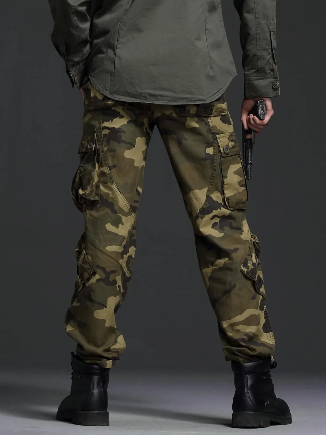 OCHENTA Men's Cotton Casual Cargo Work Pants Baggy Camo Tactical Combat Trousers with 8 Pockets (No Belt)