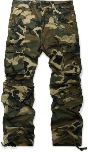 OCHENTA Men's Cotton Casual Cargo Work Pants Baggy Camo Tactical Combat Trousers with 8 Pockets (No Belt)
