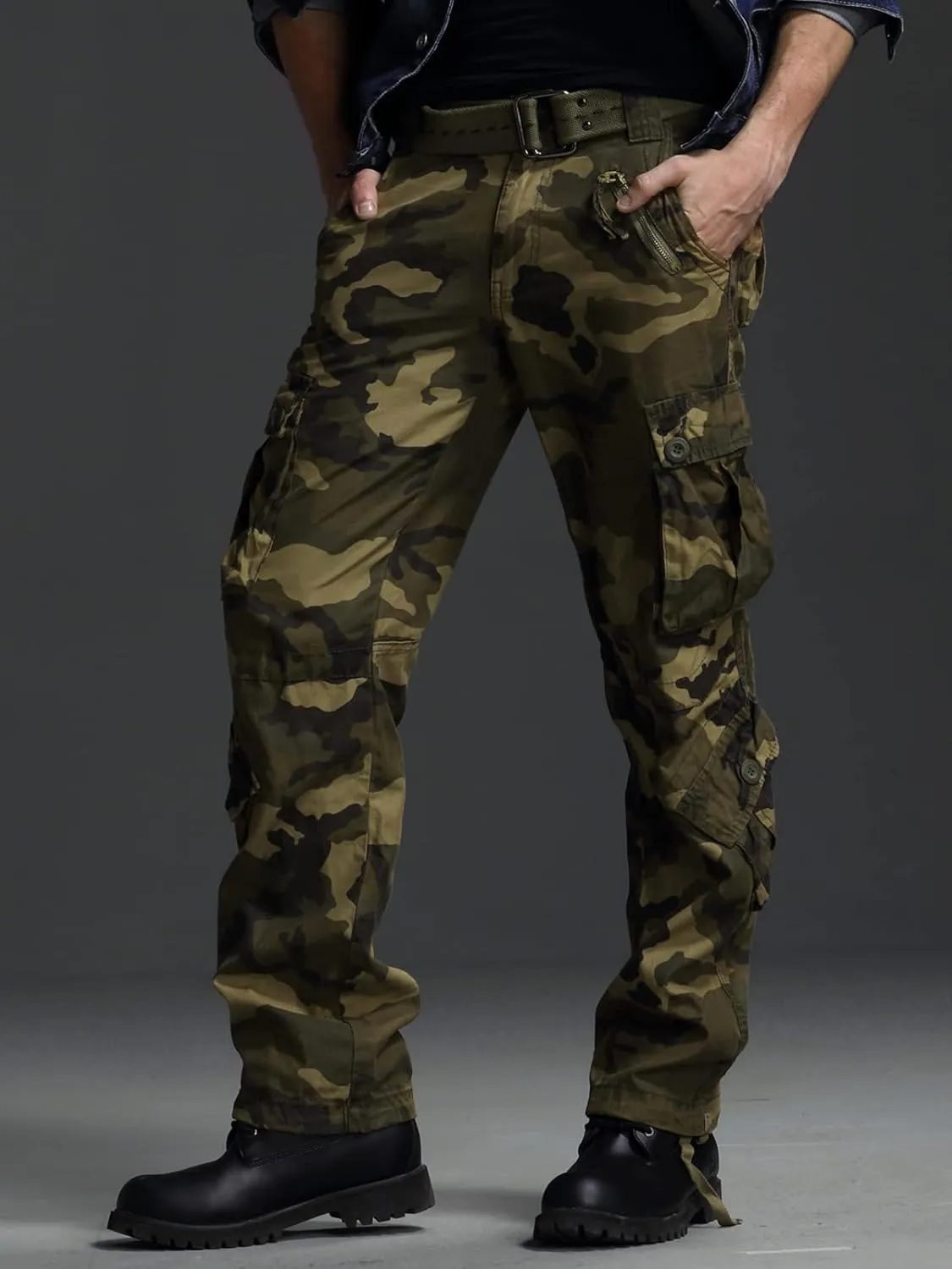 OCHENTA Men's Cotton Casual Cargo Work Pants Baggy Camo Tactical Combat Trousers with 8 Pockets (No Belt)