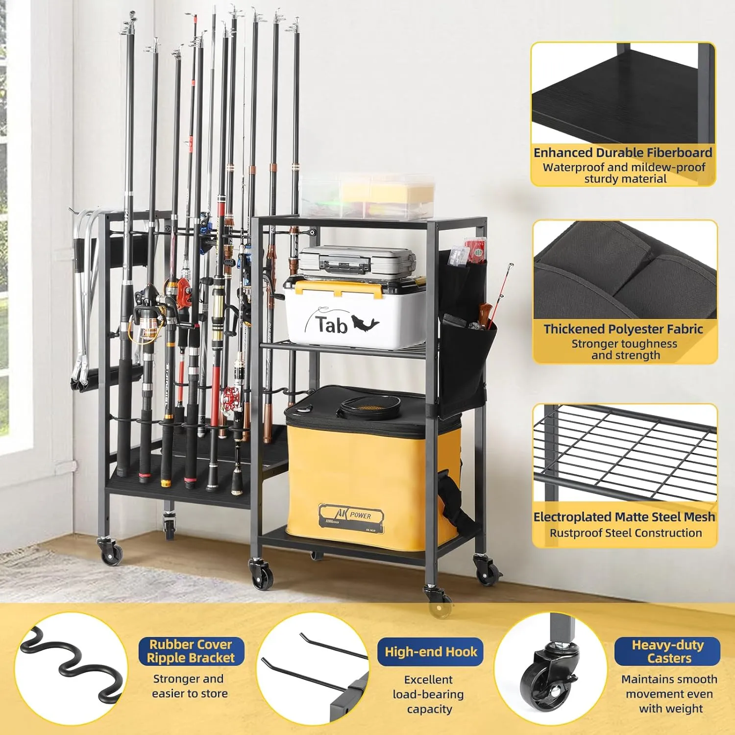 Olakee Fishing Rod Holder, Fishing Pole Holders for Garage Boat Home Entryway Fishing Gear Storage with Tackle Cart Ideal Gift for Men Dad Anglers Corner Design for Rods and Equipment Organizers