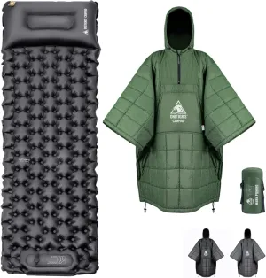 ONETIGRIS Camping Blanket Honcho Poncho and Ultralight Camping Sleeping Pad with Pillow Built-in Foot Pump Inflatable Sleeping Mat