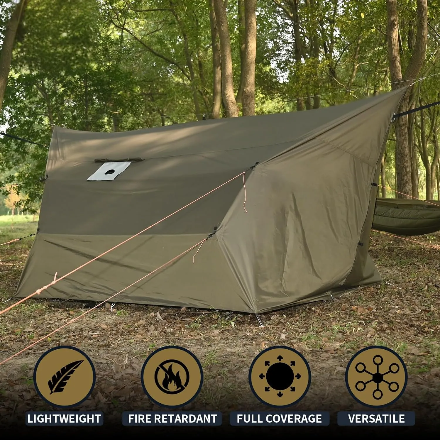 Onewind Penumbra Hot Tent, 14ft Camping Hammock Tarp for 4-Season, Waterpoof and Flame Retardant Hammock Rain Fly with Stove Jack for Winter, Outdoor Camping, OD Green
