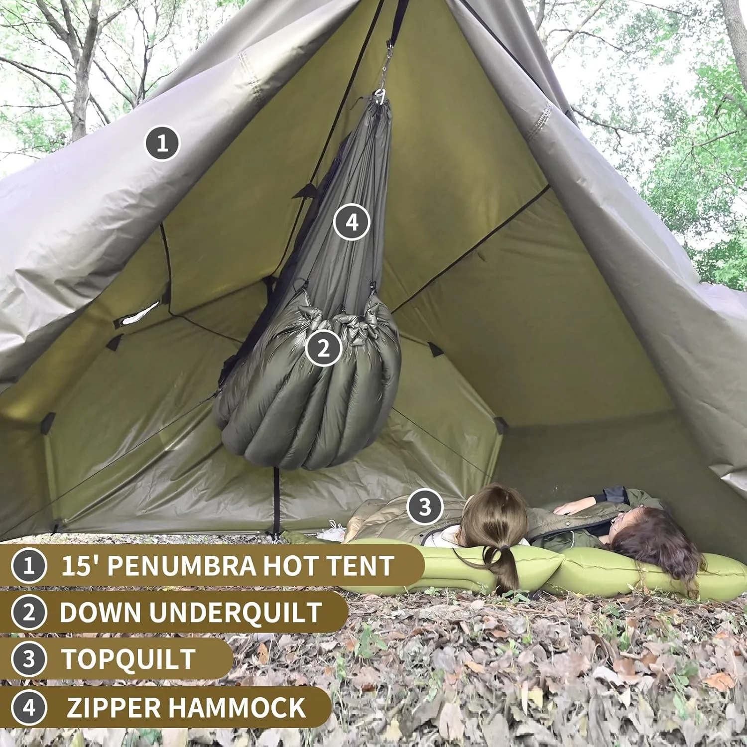 Onewind Penumbra Hot Tent, 14ft Camping Hammock Tarp for 4-Season, Waterpoof and Flame Retardant Hammock Rain Fly with Stove Jack for Winter, Outdoor Camping, OD Green