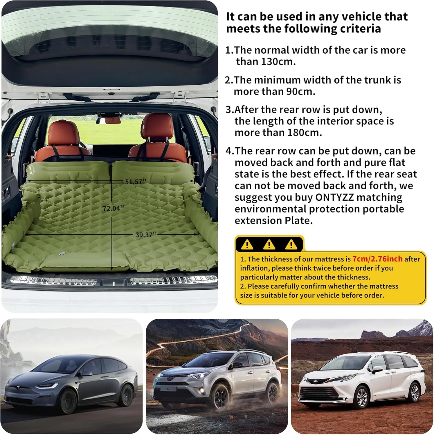 ONTYZZ Double Ultralight Inflatable Sleeping Pad SUV Car Mattress 2 Person Camping Sleeping Pad Built-in Foot Pump for Camping Car, Green