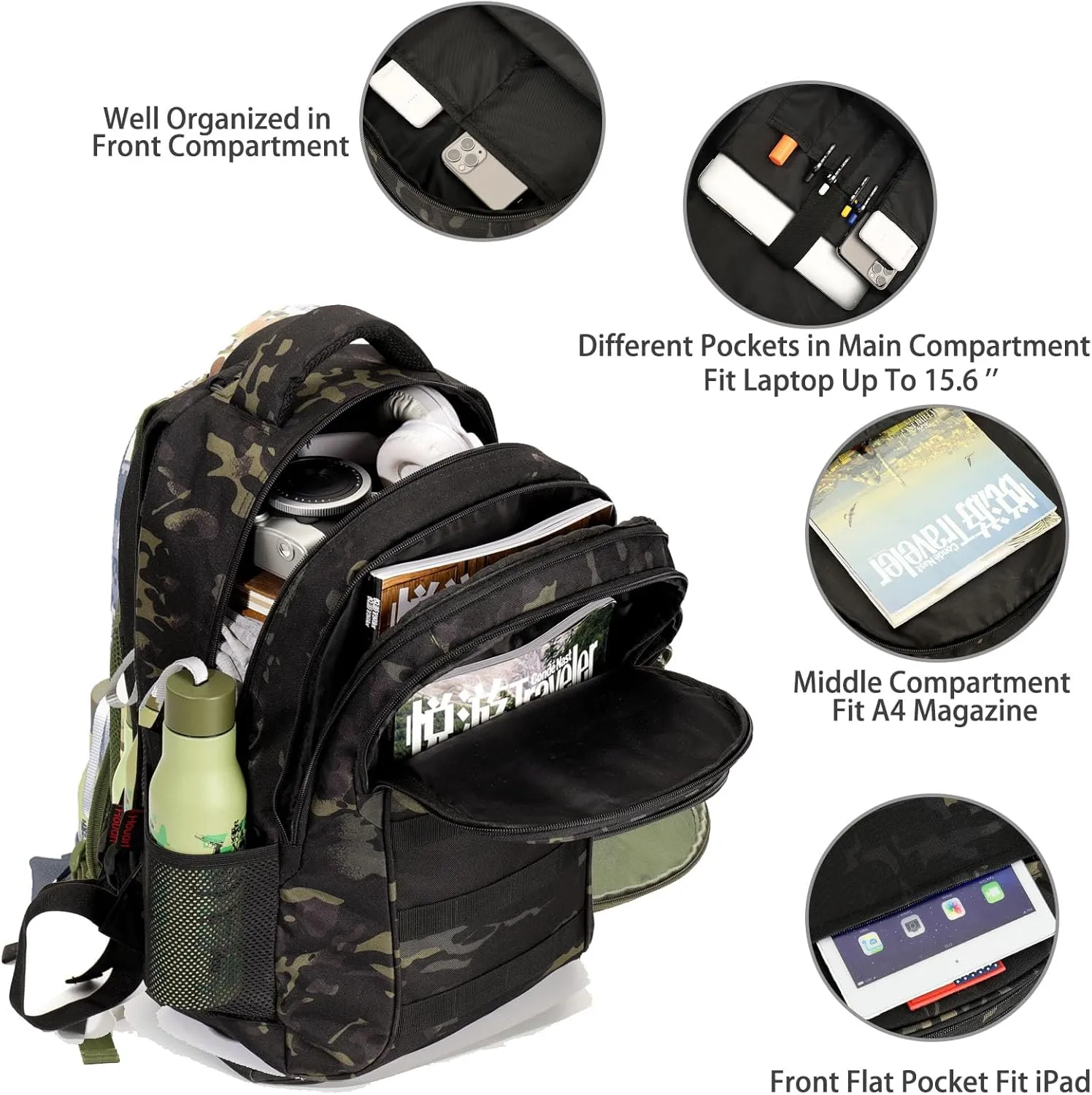 outdoor plus Camo Backpack,Military Boys Backpacks for School,Army Bookbag with USB Charging Port,30l/40L