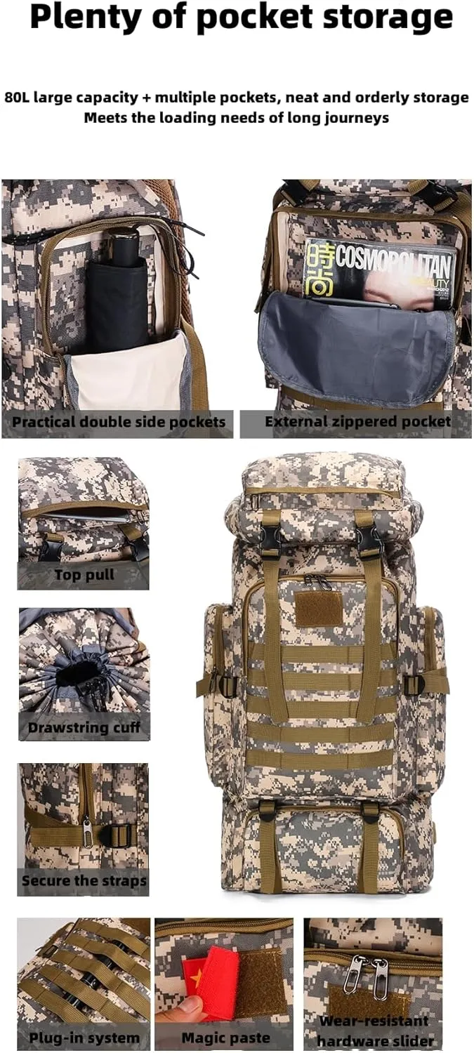 Outdoor Sports Hiking Backpack 80L Large Capacity Waterproof Camouflage Mountaineering Bag Casual Tactical Backpack (CP camouflage)