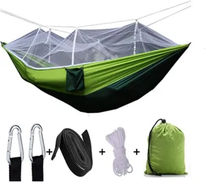 Outdoor Ultralight Hammock,Premium Camping Hammock with Mosquito Net,Ultralight Portable Nylon Parachute Hammock Travel Beach Dark Green 260x140cm