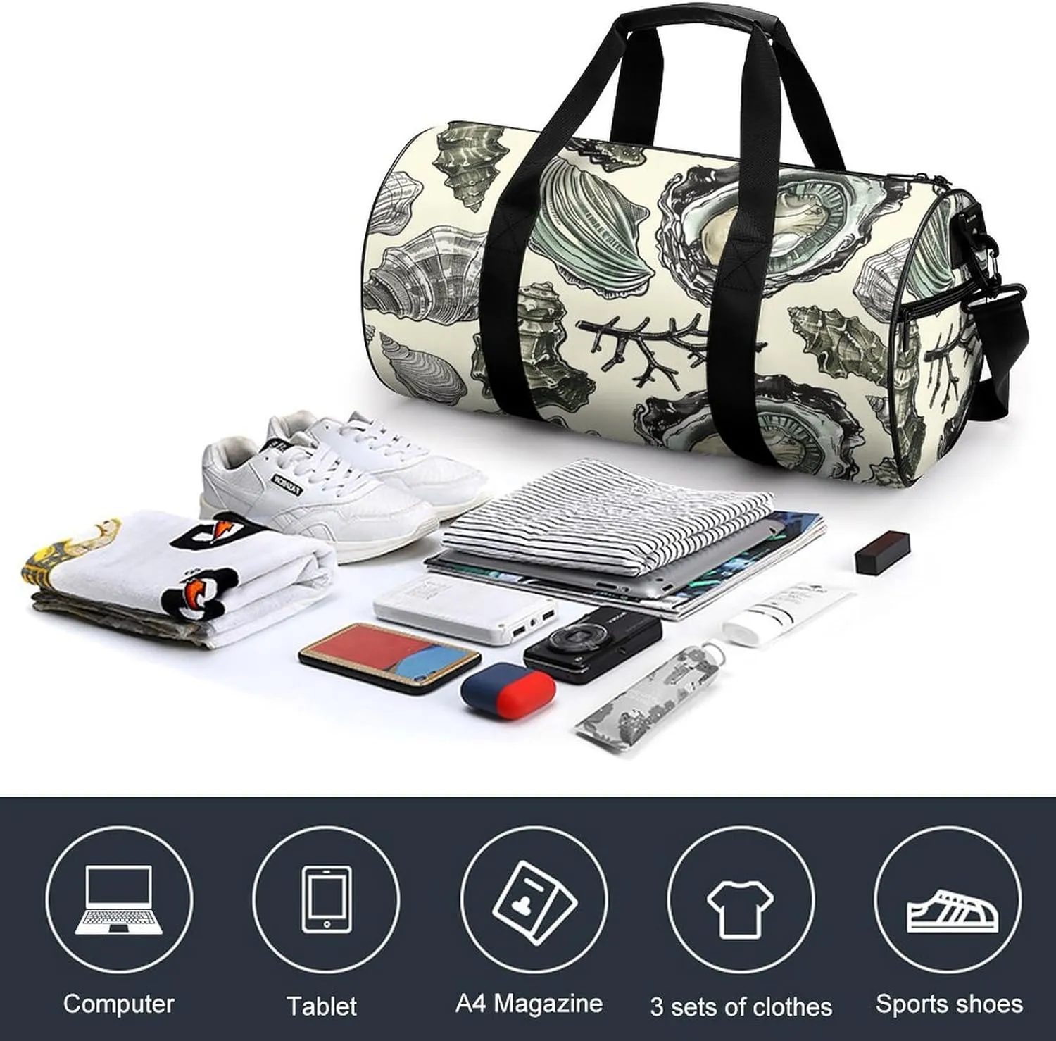Oysters And Shells Gym Bag Small Travel Duffle Bag with Compartment Carry On Weekender Bag for Women Men