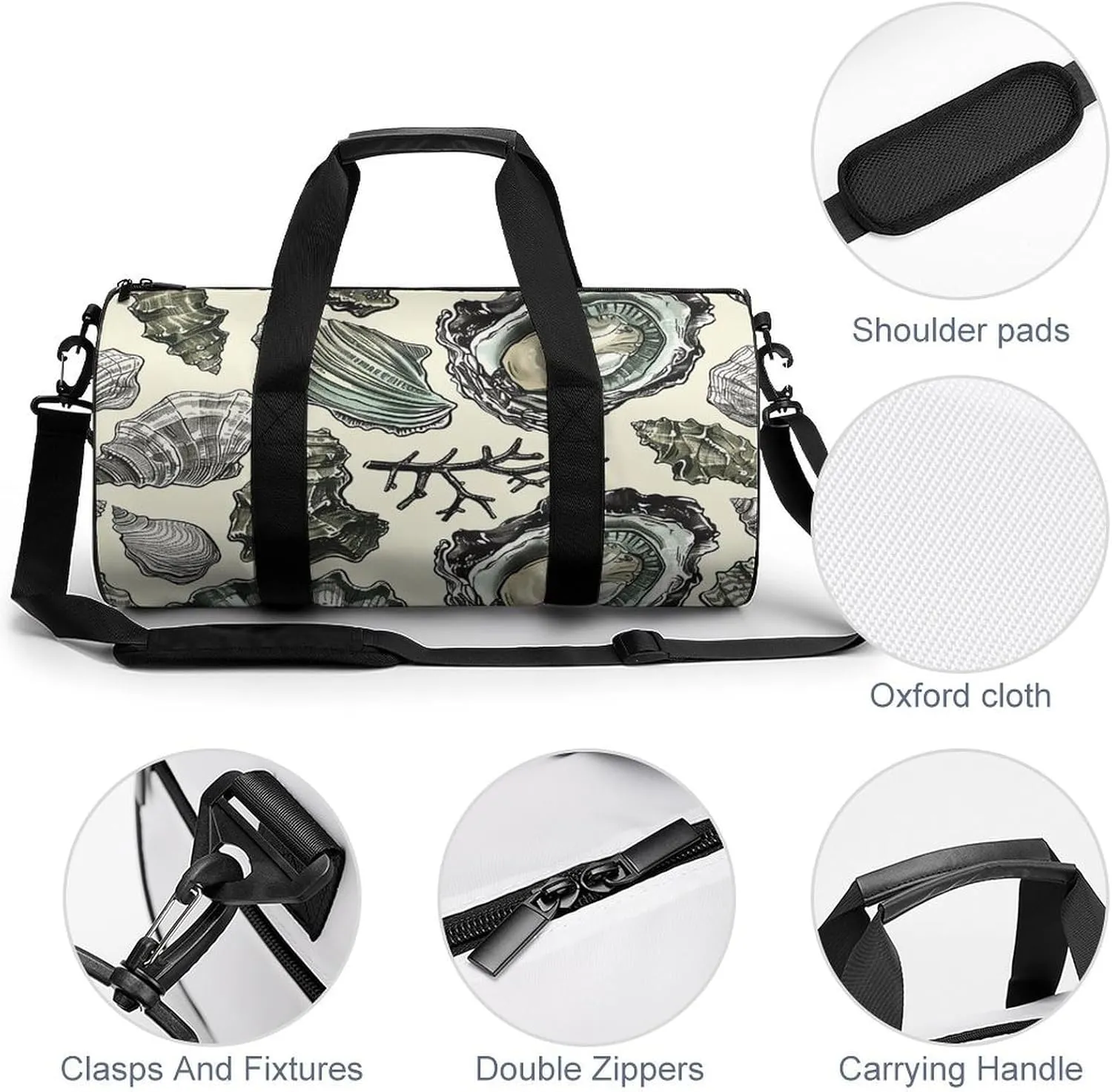 Oysters And Shells Gym Bag Small Travel Duffle Bag with Compartment Carry On Weekender Bag for Women Men
