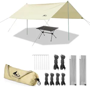 P1ancamp 10×10FT Camping Tarp with 2×6.6FT Poles, Waterproof & Lightweight Tent Tarp, Rain Fly Sun Shelter, 210D Oxford UPF50  Shelter can Used with Car,Tent & Hammock for Picnic, Garden & Outdoor