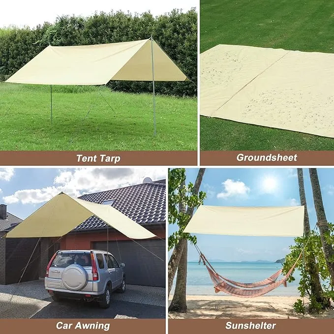 P1ancamp 10×10FT Camping Tarp with 2×6.6FT Poles, Waterproof & Lightweight Tent Tarp, Rain Fly Sun Shelter, 210D Oxford UPF50  Shelter can Used with Car,Tent & Hammock for Picnic, Garden & Outdoor