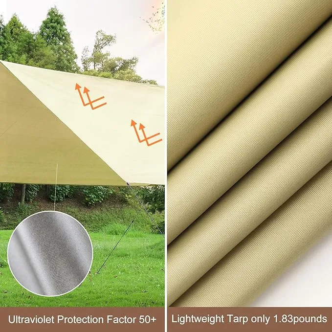 P1ancamp 10×10FT Camping Tarp with 2×6.6FT Poles, Waterproof & Lightweight Tent Tarp, Rain Fly Sun Shelter, 210D Oxford UPF50  Shelter can Used with Car,Tent & Hammock for Picnic, Garden & Outdoor