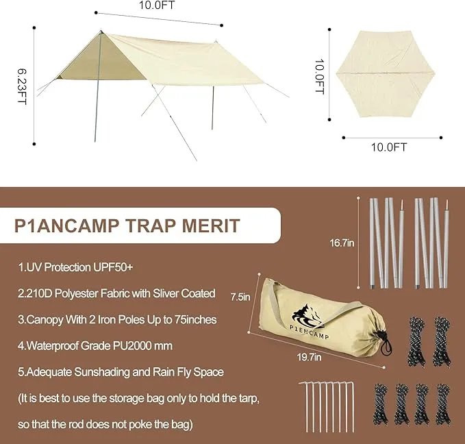 P1ancamp 10×10FT Camping Tarp with 2×6.6FT Poles, Waterproof & Lightweight Tent Tarp, Rain Fly Sun Shelter, 210D Oxford UPF50  Shelter can Used with Car,Tent & Hammock for Picnic, Garden & Outdoor