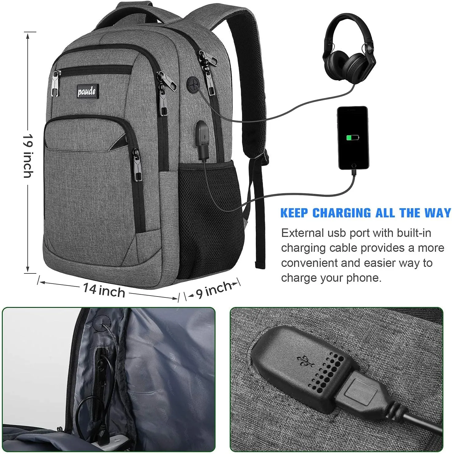 Paude Travel Backpack for Men and Women,17.3 inch School Backpack for Teens,Laptop Backpack with USB Charging port for Business College Trip
