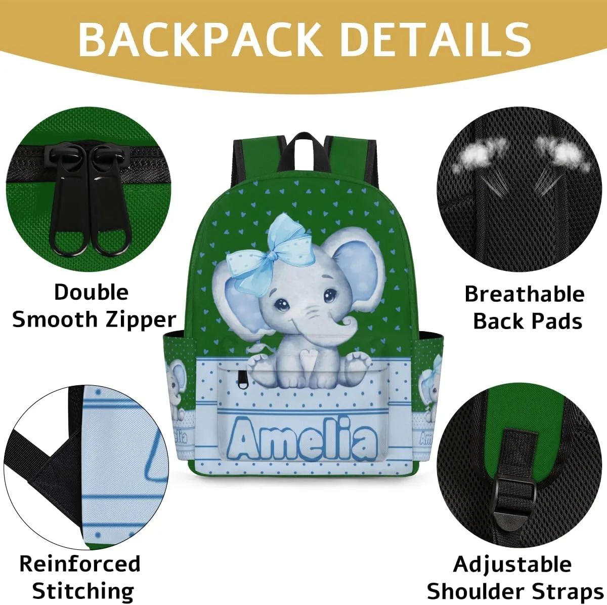 Personalized Backpack with Name, Casual Lightweight Travel Backpack Custom, Light Sky Blue Elephant with Bow Tie, Love Hearts, Forest Green