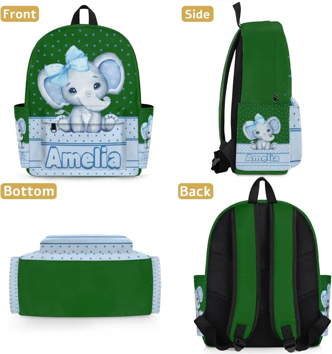 Personalized Backpack with Name, Casual Lightweight Travel Backpack Custom, Light Sky Blue Elephant with Bow Tie, Love Hearts, Forest Green