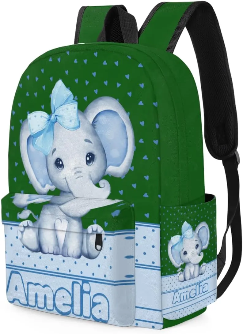 Personalized Backpack with Name, Casual Lightweight Travel Backpack Custom, Light Sky Blue Elephant with Bow Tie, Love Hearts, Forest Green