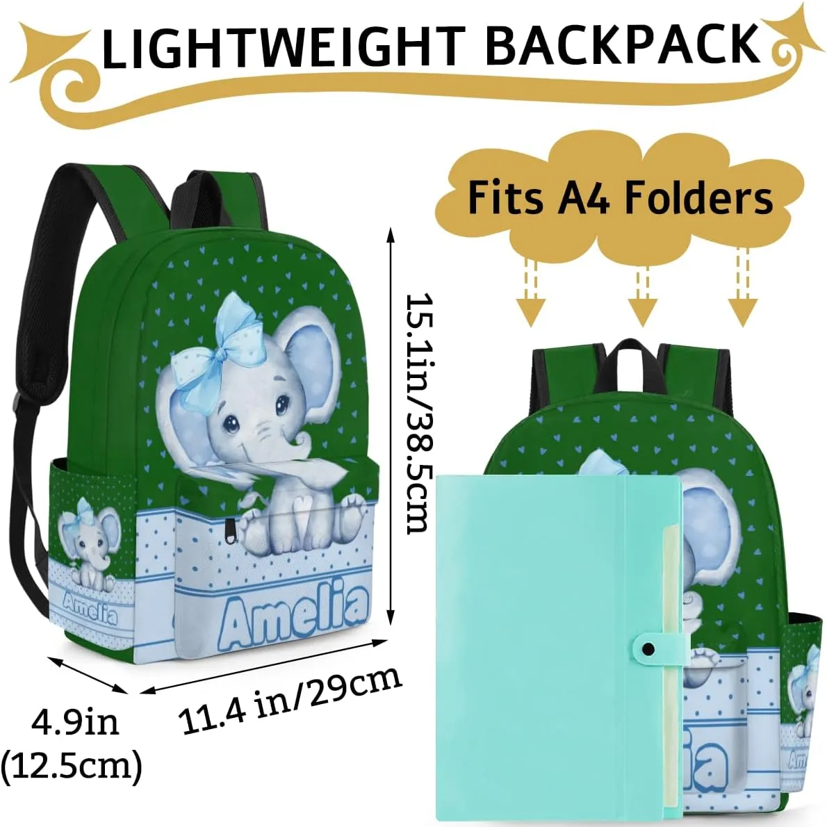 Personalized Backpack with Name, Casual Lightweight Travel Backpack Custom, Light Sky Blue Elephant with Bow Tie, Love Hearts, Forest Green