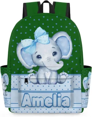 Personalized Backpack with Name, Casual Lightweight Travel Backpack Custom, Light Sky Blue Elephant with Bow Tie, Love Hearts, Forest Green