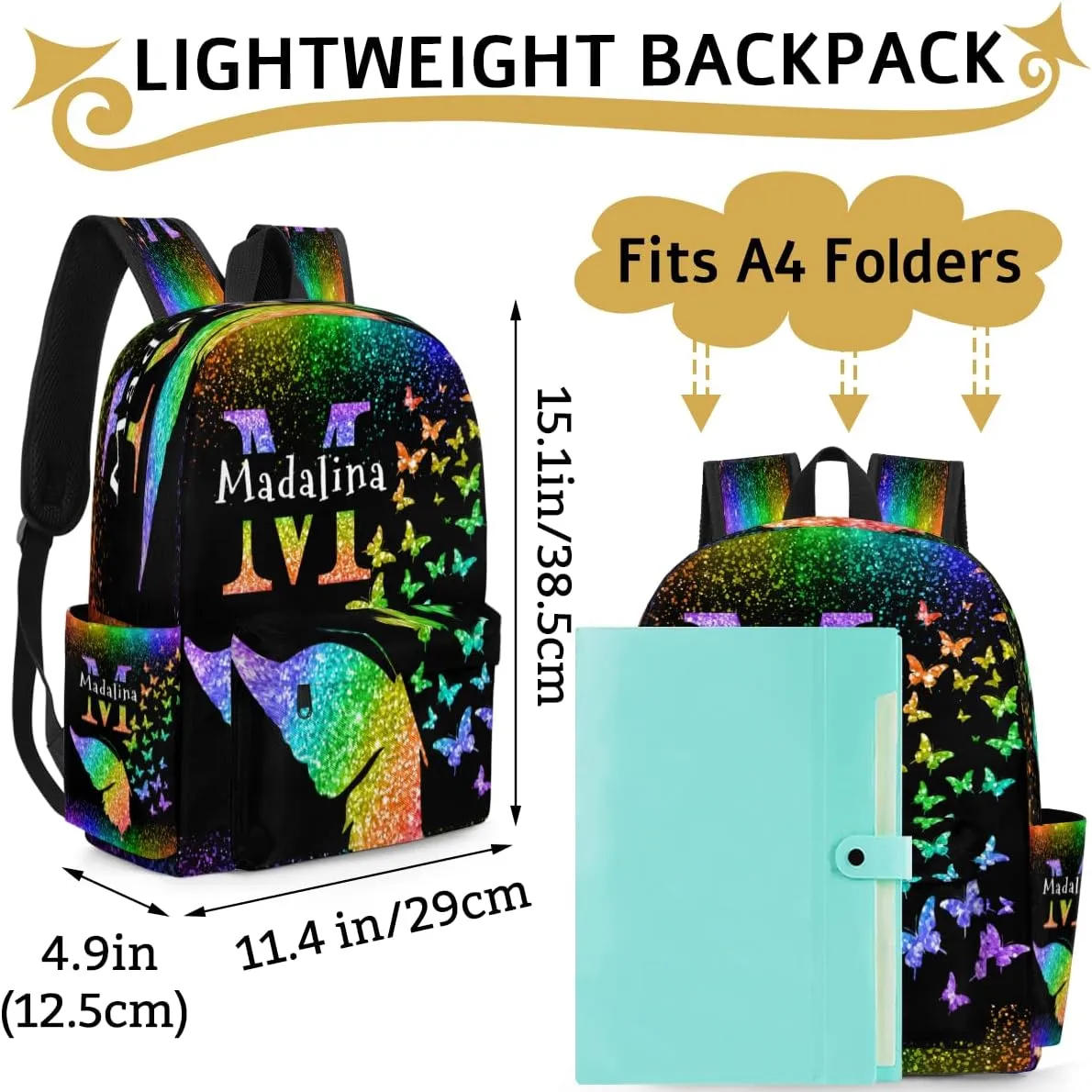 Personalized Butterfly Backpack, Custom Travel Backpack Bags Casual Bag Name, Colorful Butterflies Glittering