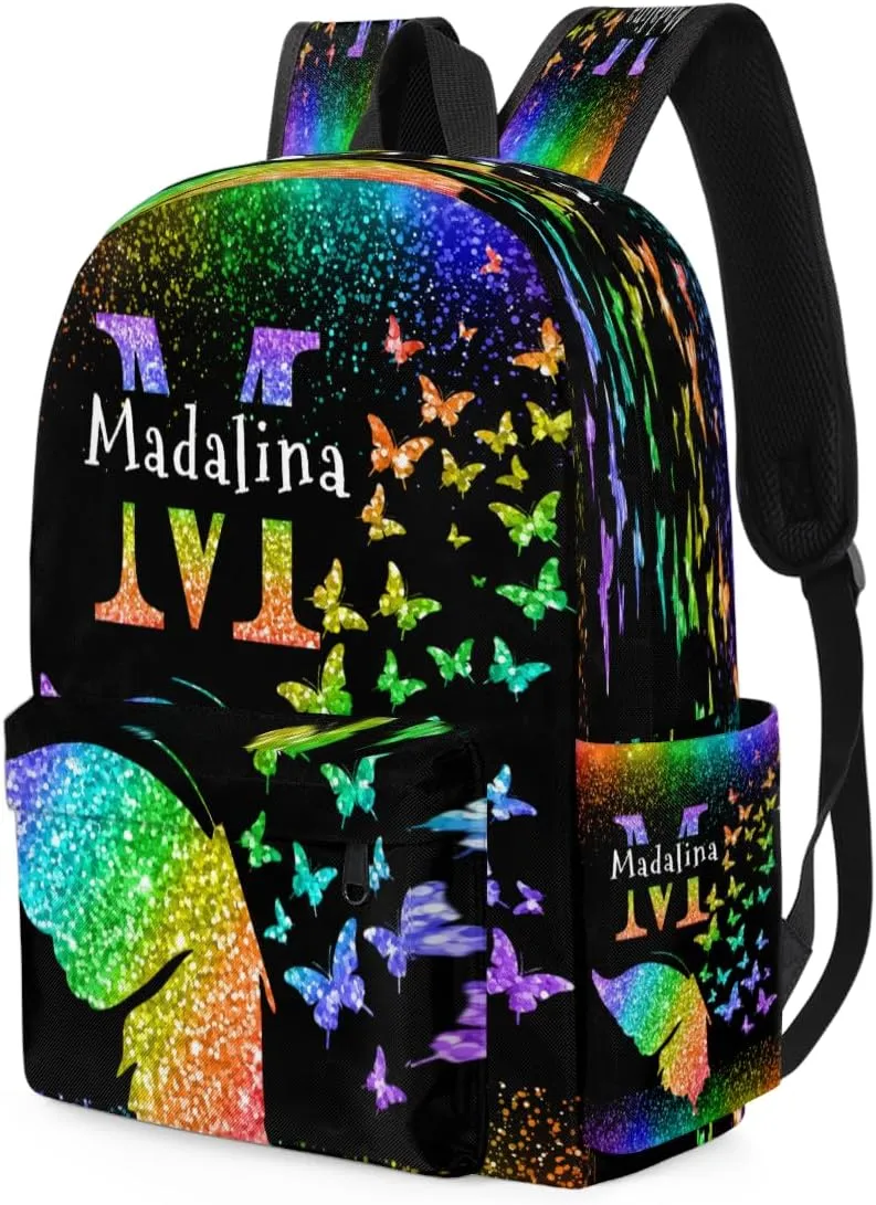 Personalized Butterfly Backpack, Custom Travel Backpack Bags Casual Bag Name, Colorful Butterflies Glittering