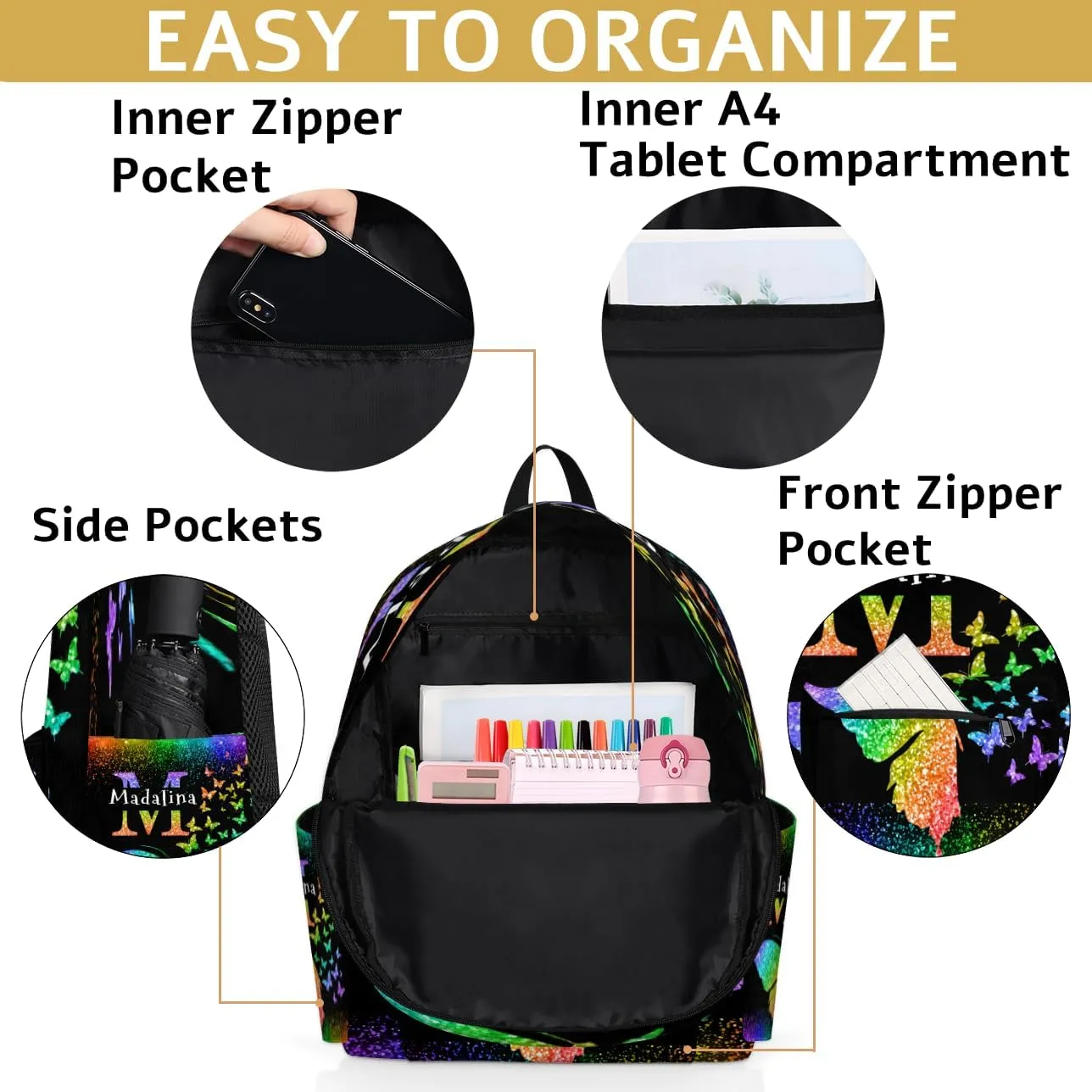 Personalized Butterfly Backpack, Custom Travel Backpack Bags Casual Bag Name, Colorful Butterflies Glittering