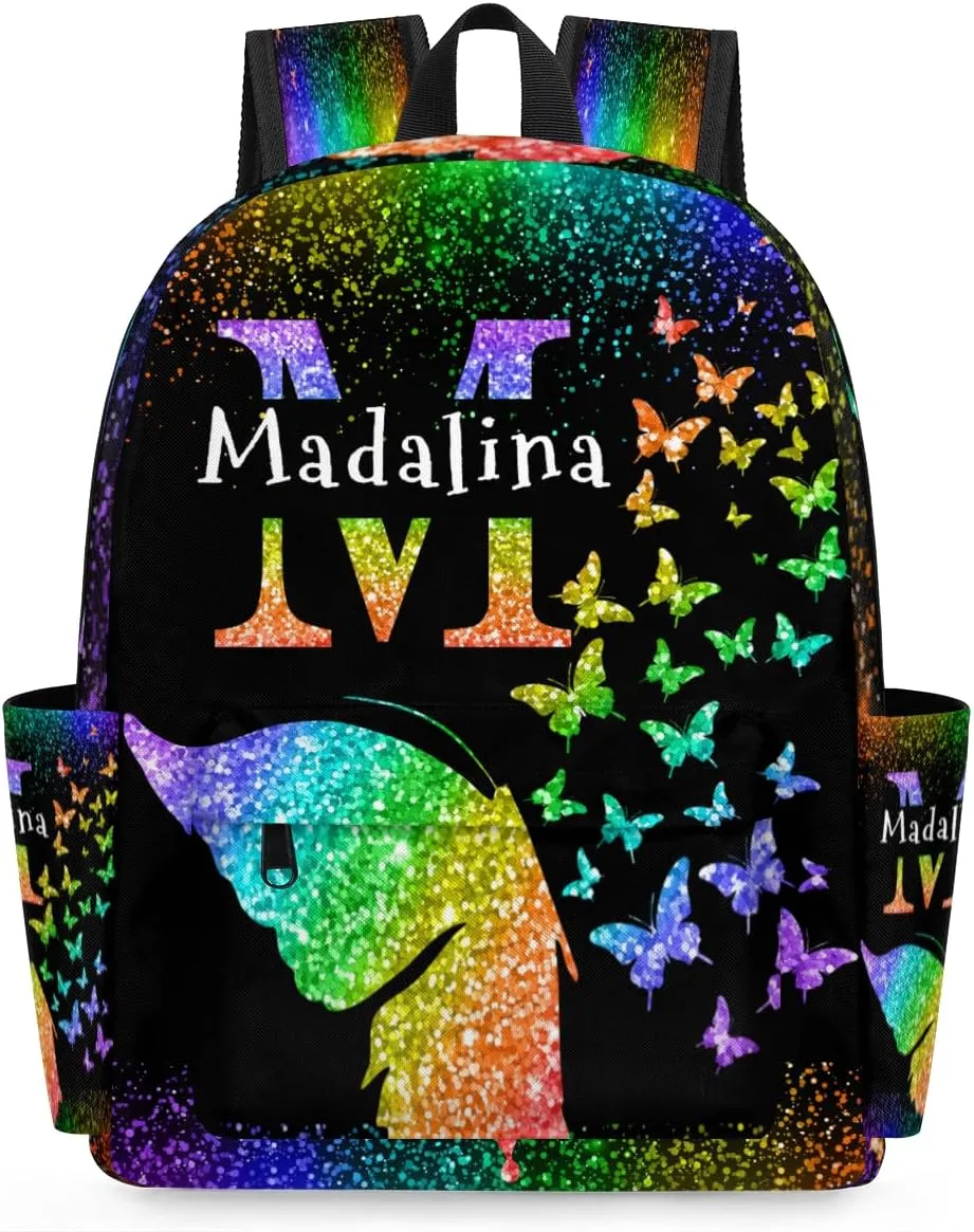 Personalized Butterfly Backpack, Custom Travel Backpack Bags Casual Bag Name, Colorful Butterflies Glittering