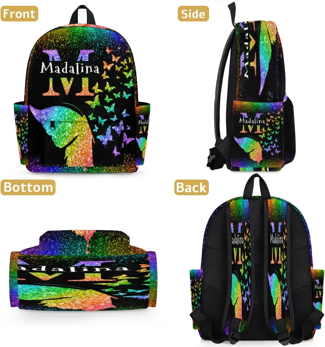 Personalized Butterfly Backpack, Custom Travel Backpack Bags Casual Bag Name, Colorful Butterflies Glittering