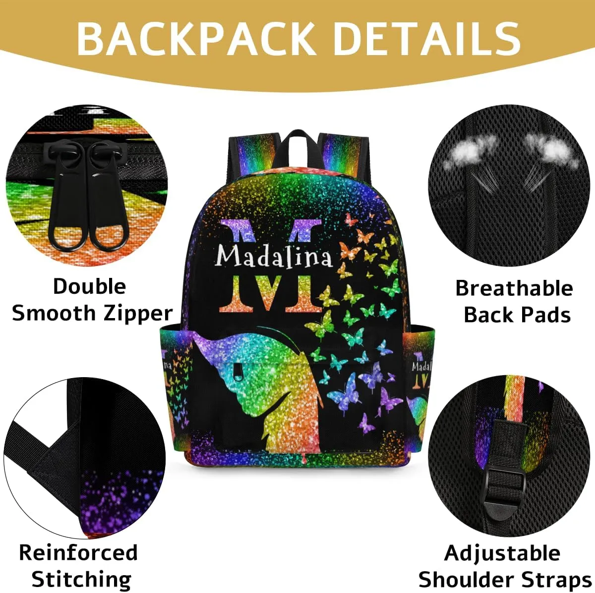 Personalized Butterfly Backpack, Custom Travel Backpack Bags Casual Bag Name, Colorful Butterflies Glittering