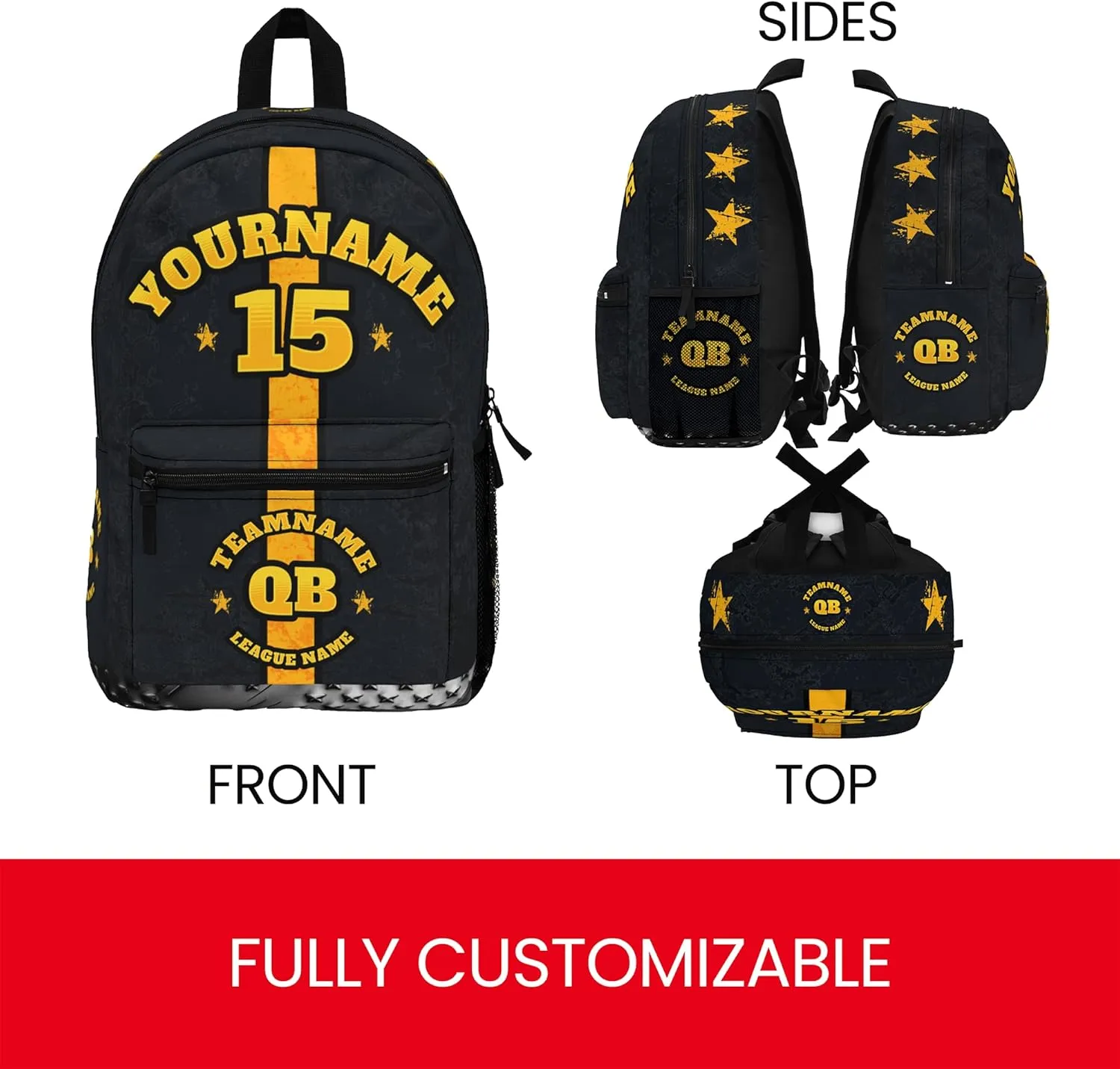 Personalized Sport Backpack Soccer, Basketball, Baseball, Football Team Gift: Name, #, Colors, Logo; Team Travel Bag (Black Yellow)