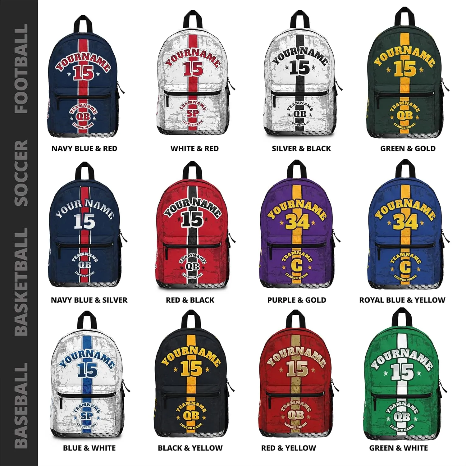 Personalized Sport Backpack Soccer, Basketball, Baseball, Football Team Gift: Name, #, Colors, Logo; Team Travel Bag (Black Yellow)