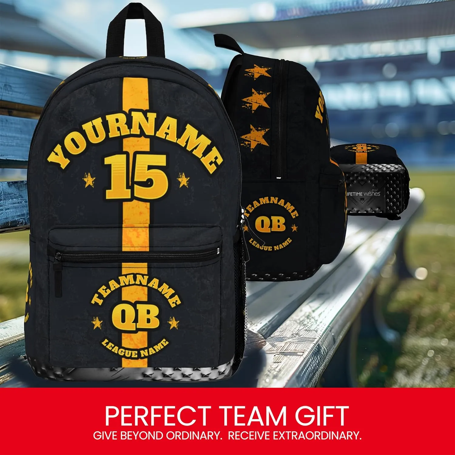 Personalized Sport Backpack Soccer, Basketball, Baseball, Football Team Gift: Name, #, Colors, Logo; Team Travel Bag (Black Yellow)