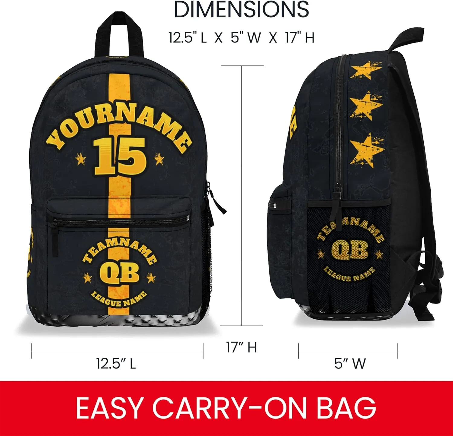 Personalized Sport Backpack Soccer, Basketball, Baseball, Football Team Gift: Name, #, Colors, Logo; Team Travel Bag (Black Yellow)