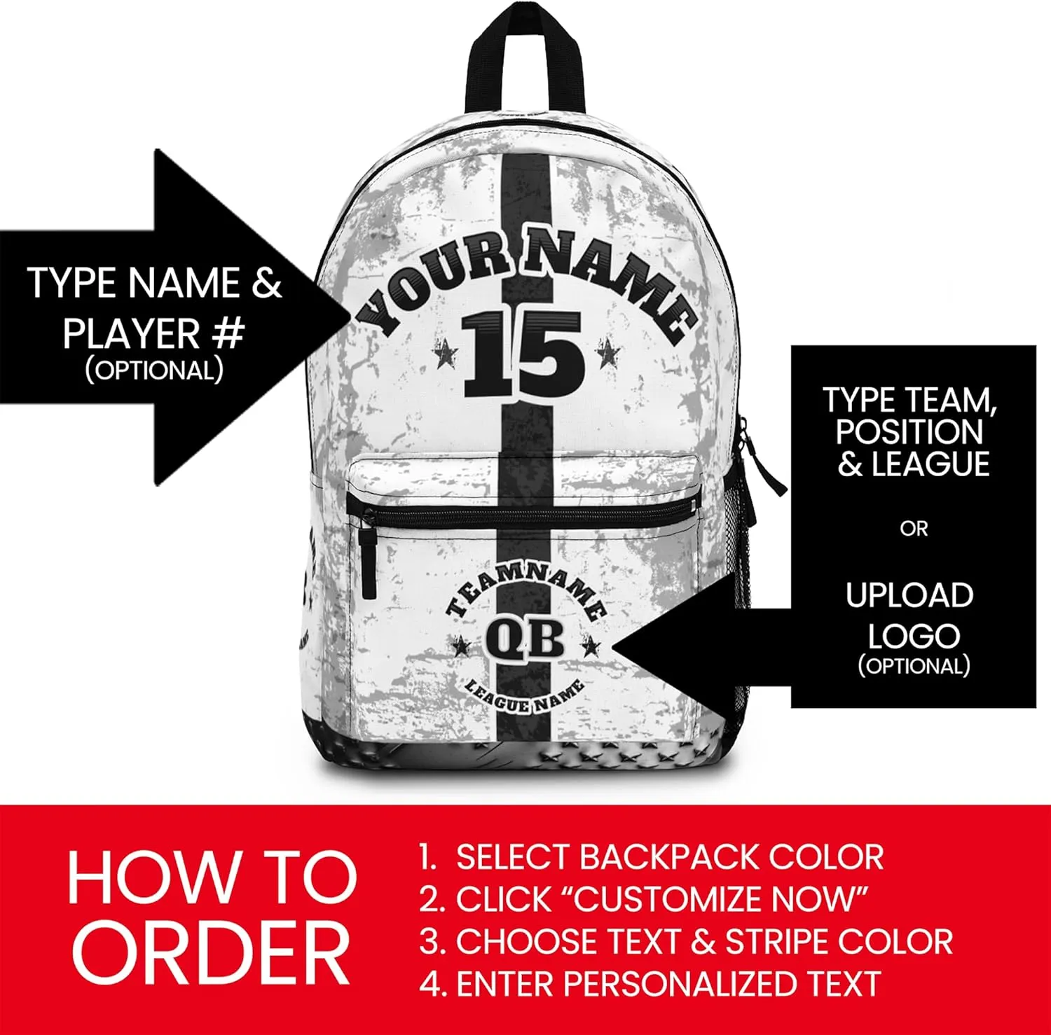 Personalized Sport Backpack Soccer, Basketball, Baseball, Football Team Gift: Name, #, Colors, Logo; Team Travel Bag (Black Yellow)