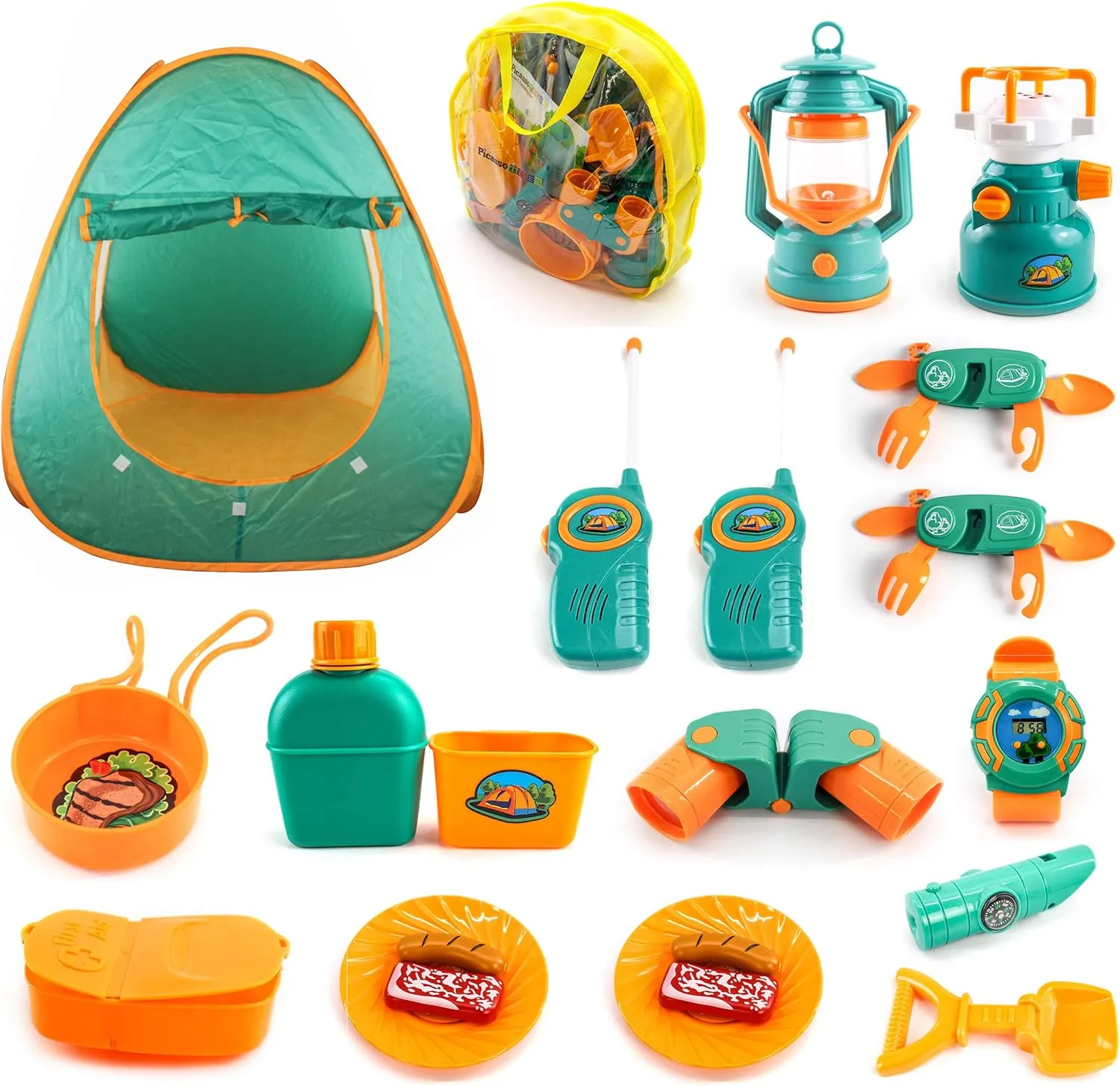 PicassoTiles PTC20 20 Piece Camping Gear Tools Adventure Set Including Walkie Talkie, Camping Tent, Binoculars, Watch, Compass & Whistle, Stove, and Other Camp Tools