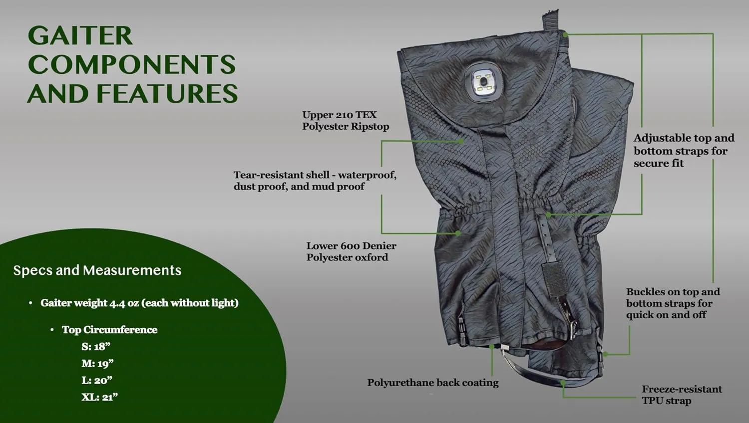 Pike Trail x Nighthawk Pro Gear Trailblazer Leg Gaiter: Illuminated for Nighttime Sand, and Snow - Hunting, Mountain Climbing, or Snowshoeing