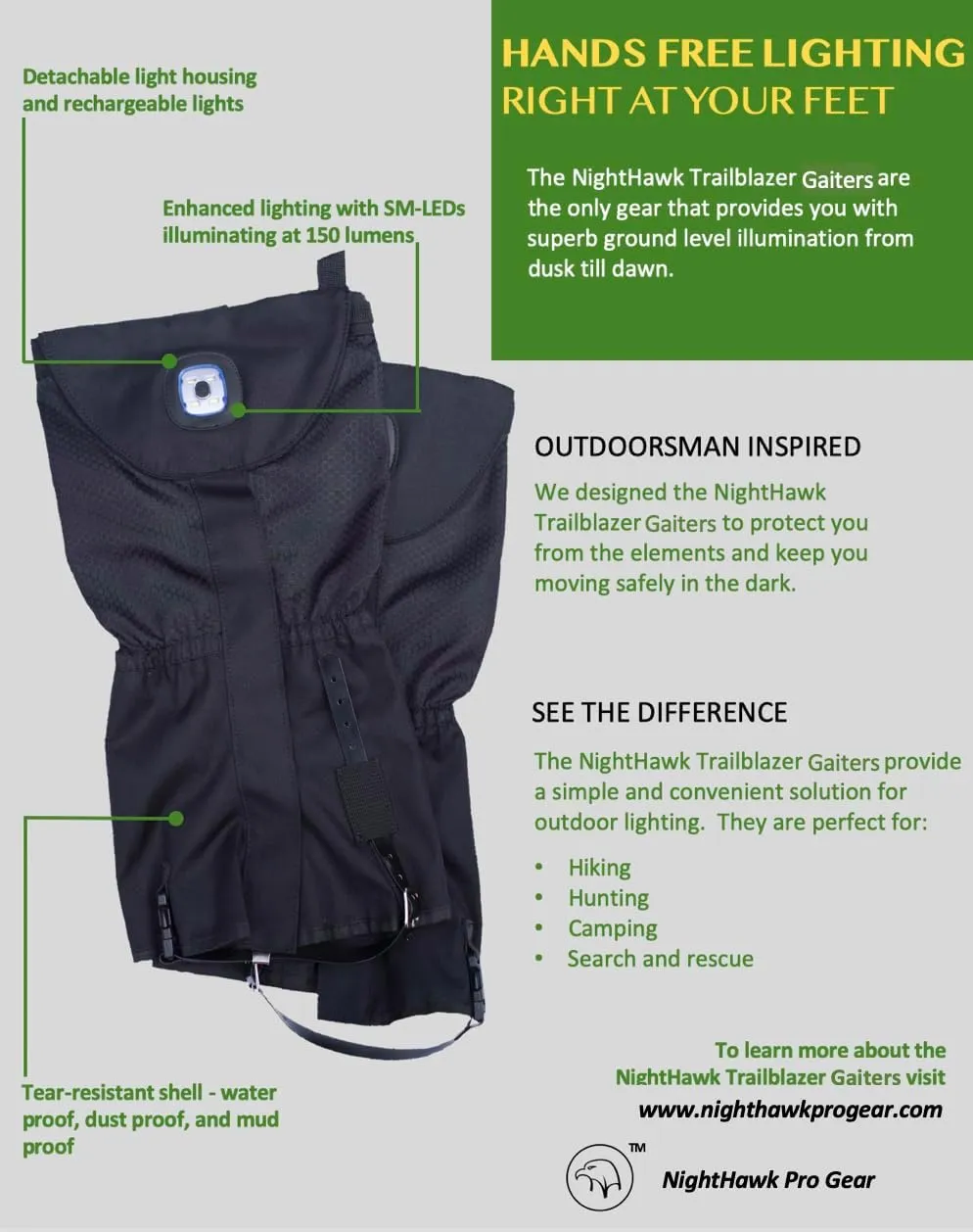 Pike Trail x Nighthawk Pro Gear Trailblazer Leg Gaiter: Illuminated for Nighttime Sand, and Snow - Hunting, Mountain Climbing, or Snowshoeing